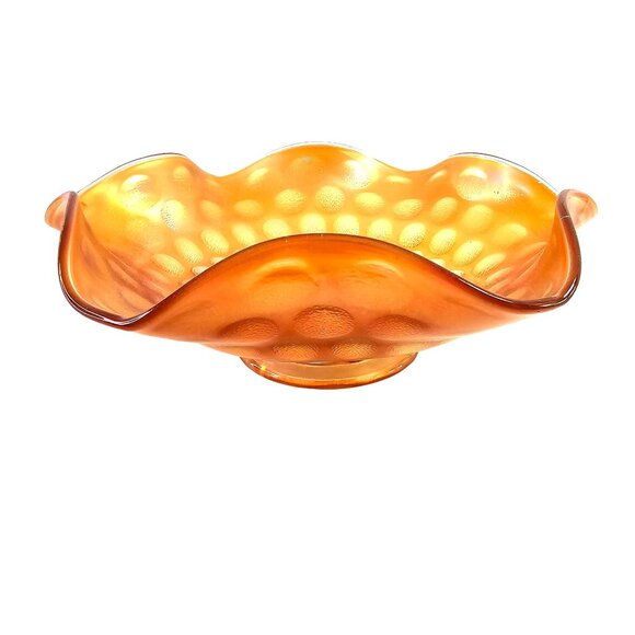 Vintage Ruffled Bowl Iridescent Marigold Carnival Glass with Raised Dot Pattern - Picture 3 of 10